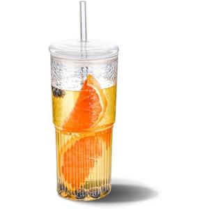MINGHYZYA 20 OZ Iced Coffee Cup With Glass Lids and Straws,High Borosilicate Glass Tumbler Cup Reusable Wide Mouth Smoothie Cups(Clear,1cup)…