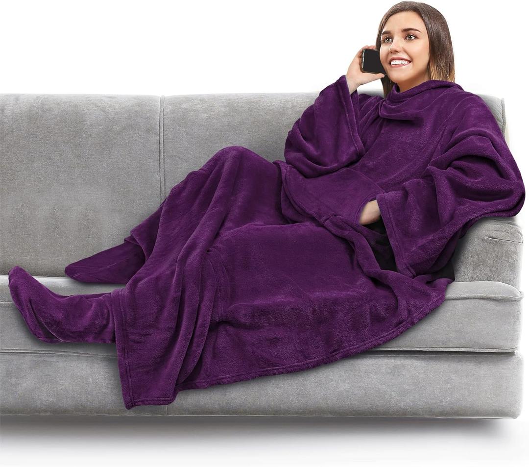 PAVILIA Fleece Blanket with Sleeves, Foot Pockets for Women Men Adults, Plush Wearable Blanket Throw Wrap, Warm Snuggle Blanket Robe, Cozy Gift Ideas Wife Mom, Dark Purple