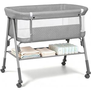 Baby Bassinet, 3-in-1 Baby Bassinets Bedside Sleeper for Newborn with Breathable Mesh, Portable Baby Crib with 4- Adjustable Height, Mattress, Storage Basket & Lockable Wheels, CPSC Grey