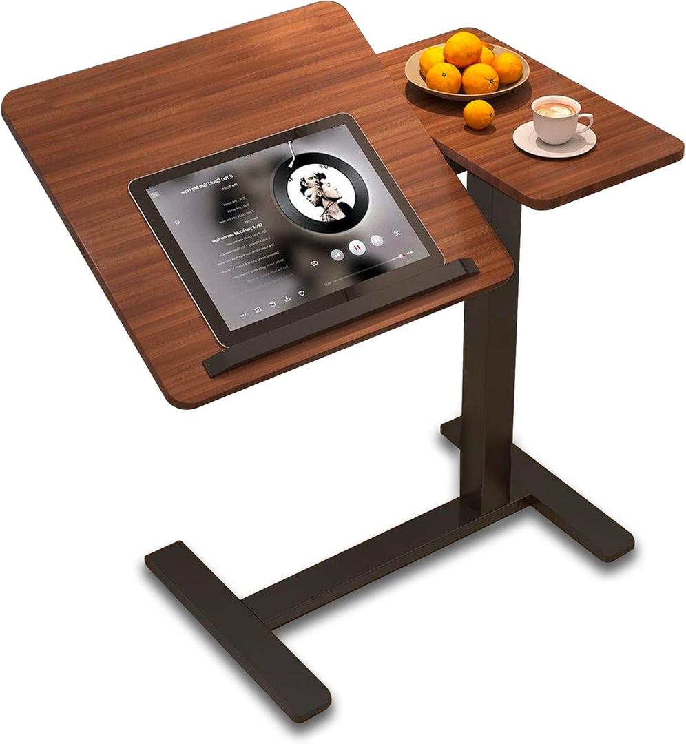 C Shaped Side Table Adjustable Height with Hidden Wheels, Dual Pneumatic Lift & Tilt Top, (23.6''x15.8'')Mobile Overbed Table That Slide Under, Couch End Desk for Hospital Home Office (Walnut)