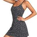 Leovqn Womens Tennis Dress with Built-in Bra & Shorts Athletic Dress Workout Dress Exercise Dress with Pockets Golf Dress, Black Leaf Pattern, XL