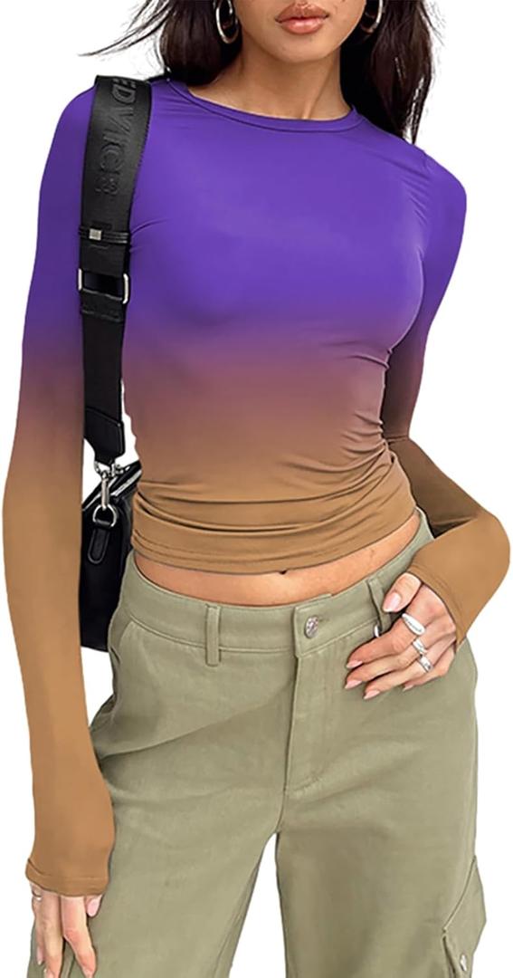 Women's Long Sleeve Crop Top Fitted Y2K Shirt Purple Yellow M