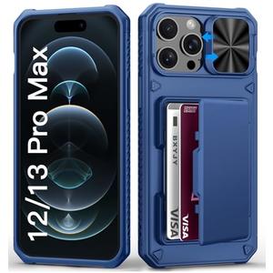BXYJY for iPhone 12 Pro Max & 13 Pro Max Case with Card Holder (4-5 Cards), Slide Camera Cover, Military Grade Drop, Rugged Heavy Duty Men Women Shockproof Phone Case for iPhone 12 Pro Max, Blue