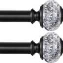 2 Pack Black Curtain Rods, 1 Inch Telescoping Drapery Rod 28 to 48 inch (2.3 to 4 ft), USFOOK Curtain Rods for Windows, Silver Translucent Finials