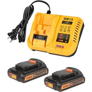 2Pack 3.0Ah 20V Battery with Charger Replacemen for Dewalt 20V Battery DCB202 DCB203 DCB204 DCB205 DCB206 DCD/DCF/DCG Series Tools