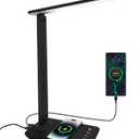 White crown LED Desk Lamp with 15W Wireless Charger & USB Port, Dimmable Table Lamp with 5 Lighting Modes, Sensitive Touch Control, Foldable & Portable Desk Light for Home, Office, Bedroom, Reading (Pro, Black)