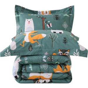 JSD Green Forest Animals Kids Comforter Set Queen Size, 3 Piece Woodland Printed Microfiber Bedding Set, Machine Washable
