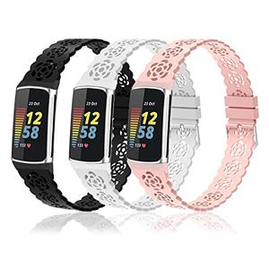 3-Pack Sport Bands Compatible with Fitbit Charge 6/ Charge 5 for Women, Lace Silicone Slim Narrow Thin Rose Hollowed-out Replacement Strap Wristband(Black/White/Sand Pink)