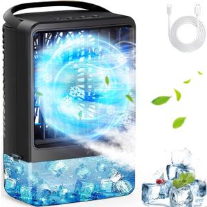 Portable Air Conditioners Ice Fan Blow Cold Air USB Mini AC 2 Spray Ports 3 Wind Speed & 7 Colorful LED Light &Timer Small Evaporative Air Cooler Personal Portable AC for Room Home Bedroom Office (dark)