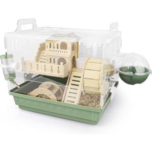 Cycodo 8 in 1 Acrylic Hamster Cage,2-Tier Dwarf Hamster Cage with Wooden Wheel & Hideout,Small Hamster Habitat with Accessories,Clear Pet Mice House(Green,14" L*10" W*11" H)