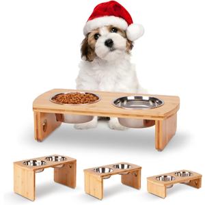 Elevated Dog Bowls, Bamboo Raised Dog Bowl for Small Dogs & Cats, with 2 Stainless Steel Bowls (4'' Tall-20oz Bowl)