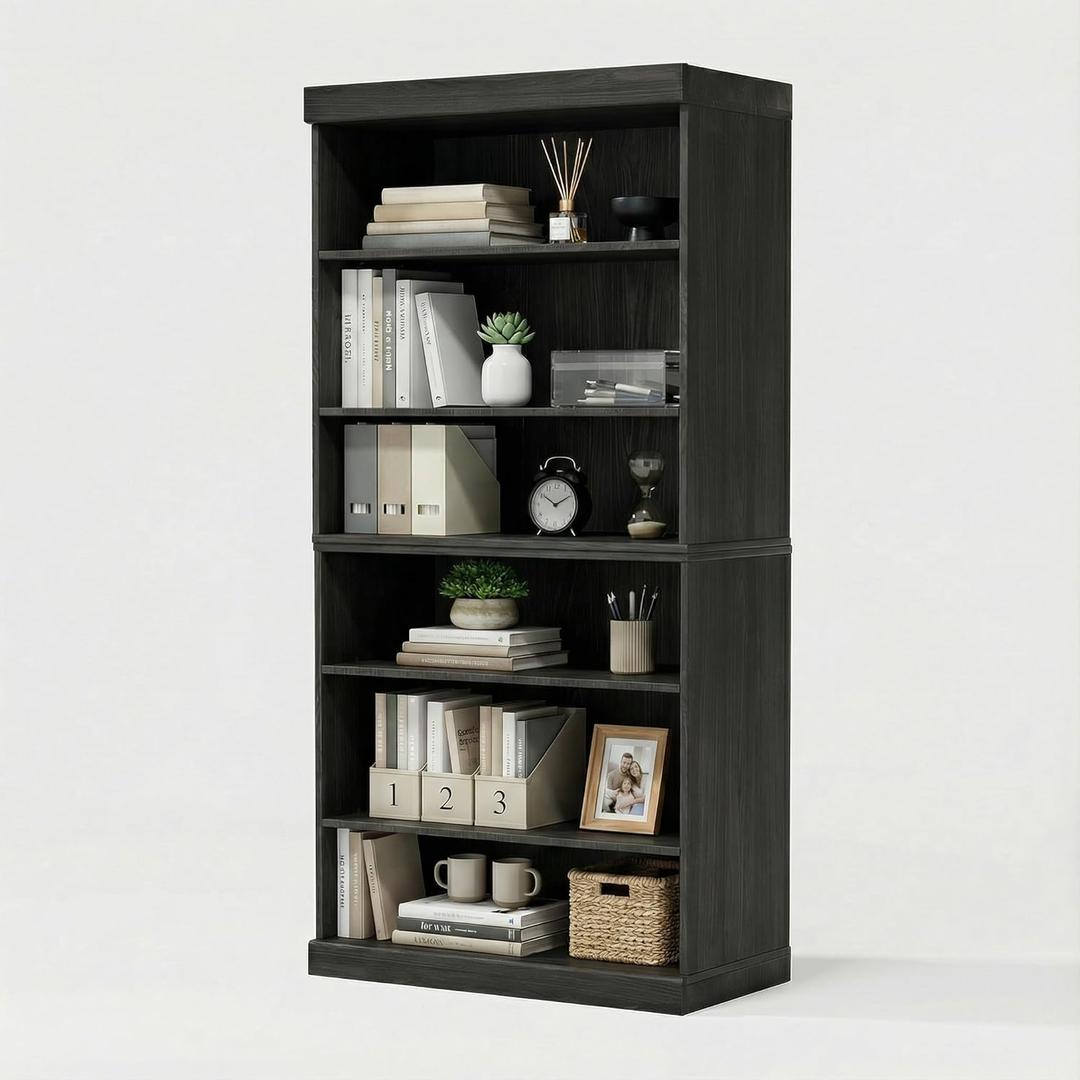 Casaphoria 6 Tier Wooden Bookshelf, 62" H Tall Book Shelf with Adjustable Shelves, Wide Bookshelf with 16" Deep Storage Space for Living Room,Bedroom & Home Office (Black)