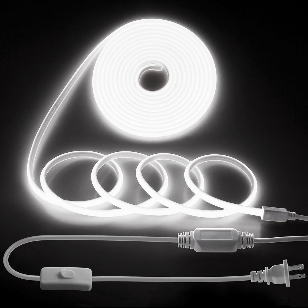 Outdoor COB LED Rope Lights Waterproof with Switch IP65 20FT/6M AC110V-120V LED Strip Light Daylight White 6000K 1728LED/6M Super Density Bright LED Tape Light Indoor for Garden Decor