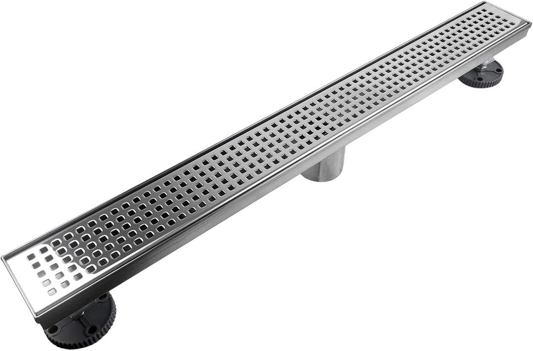 Neodrain Chrome 24-Inch Linear Shower Drain with Removable Quadrato Pattern Grate, Polished 304 Stainless Steel Rectangular Shower Floor Drain,with Leveling Feet, Hair Strainer