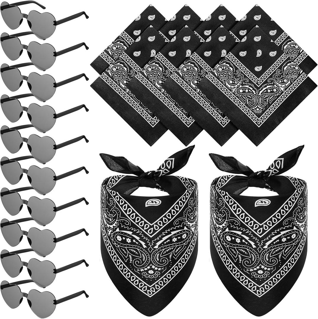 12 Set Paisley Bandanas and Heart Glasses Cowboy Novelty Bandanas Rimless Transparent Heart Sunglasses for Women Men Western (Black)