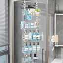 Consumest Over The Door Shower Caddy - 5 Tier Adjustable Shower Organizer Hanging with 2 Toothbrush Holders & 4 Hooks, Rustproof Organizer Shelf, Storage Rack for Bathroom, Silver