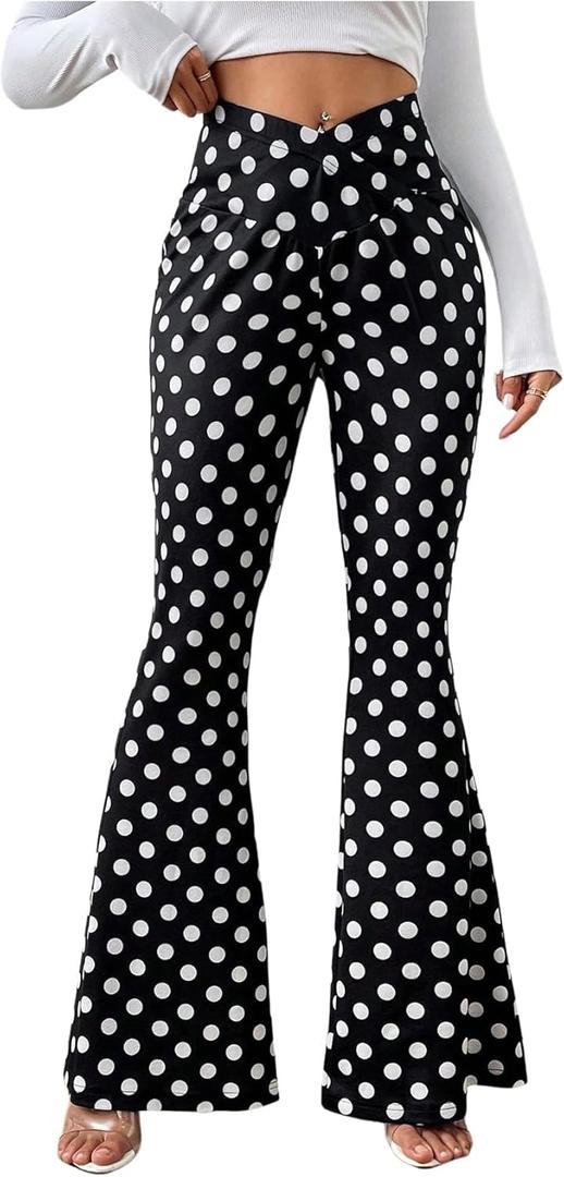 WDIRARA Women's Polka Dots Flare Pants Crossover Waist Bell Bottom Trousers (Black and White, Large)