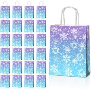 24 Pcs Snowflake Party Favor Bags with Handles - Winter Themed Goodie Gift Candy Kraft Paper Bags for Holiday Birthday Party Supplies Decorations