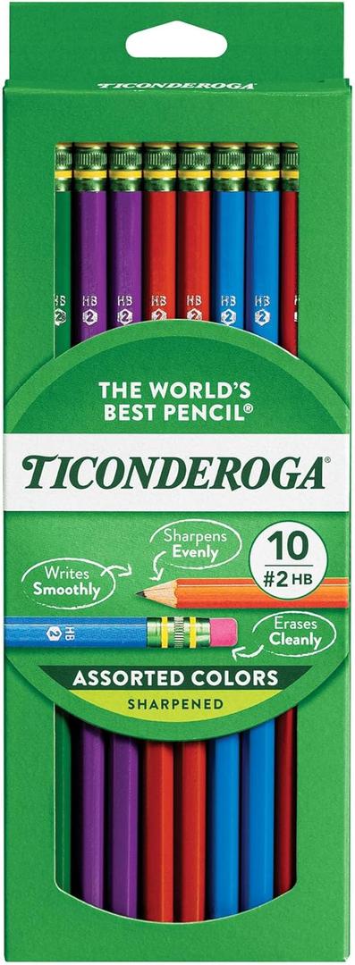 TICONDEROGA Pencils, Wood-Cased Graphite, #2 HB Soft, Pre-Sharpened, Assorted Color Barrels, Black Lead, 10-Pack (13932)