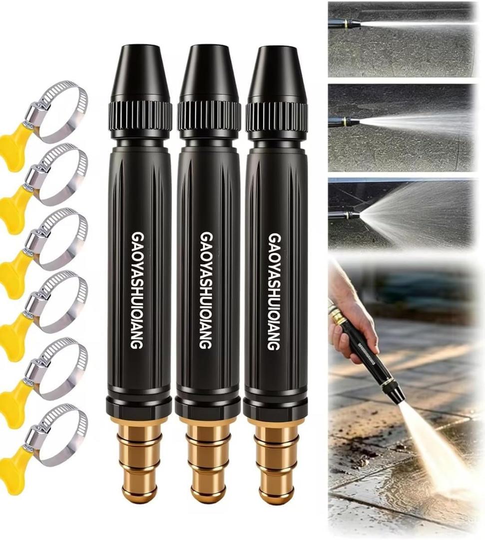 3PCS High Pressure Power Washer Nozzle with Metal Connector Set, Garden Hose Sprayer for Car Washing and Outdoor Cleaning for Car, Garden, Patio & Floor Cleaningwith 6 Clamps