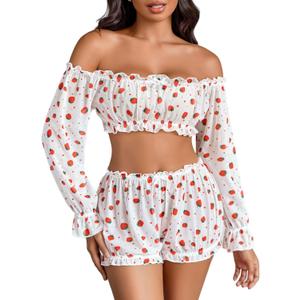 Avidlove Lingerie Sets for Women Sexy Long Sleeve Off Shoulder Ruffle Bra and Panty Set (Small, Strawberry Print)