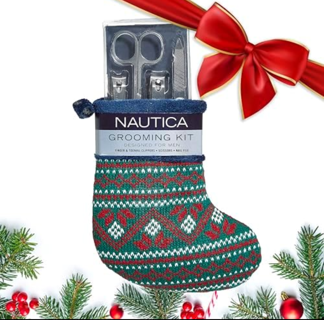Pack Of 4 Nautica Nail Grooming Kit for Men - Complete Set in a Christmas Stocking | 4 Premium Quality Tools for a Well-Groomed Look, Green/Red