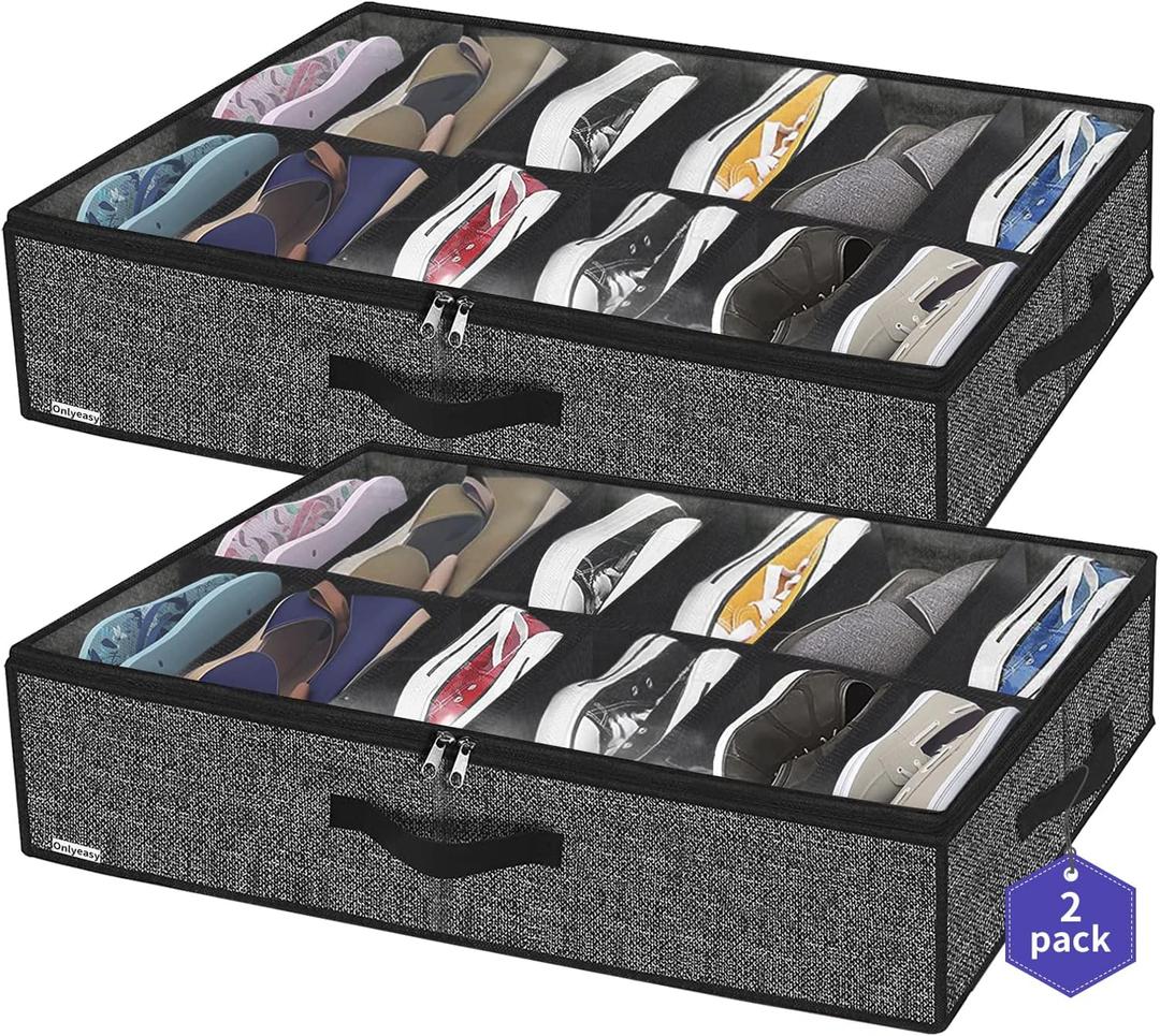 Onlyeasy Sturdy Under Bed Shoe Storage Organizer, Set of 2, Fit 12 to 24 Pairs, Underbed Shoes Closet Storage Solution with Clear Window, Breathable, L29.3 x W23.6 x H5.9, Linen-like Black, MXAUBSB2P