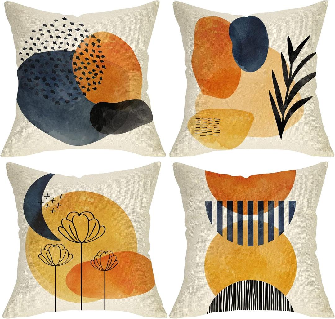Boho Abstract Modern Art Decorative 18 x 18 Throw Pillow Cover Set of 4, Minimalist Geometric Bohemian Sun Moon Decoration, Botanical Plant Square Pillowcase Cushion Case Sofa Couch Home Decor