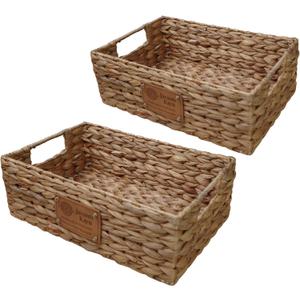 Handmade Water Hyacinth Wicker Storage Basket with Handles  Rectangle Organizer Bin for Shelves, Blanket, Bathroom, Closet  Stackable  Decorative & Durable (2, S: 12" x 8" x 4")