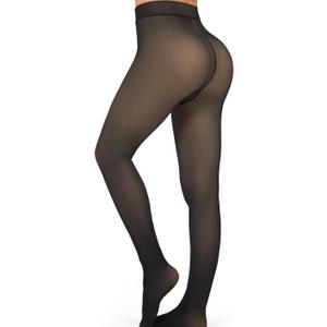 Fleece Lined Tights Women Sheer Warm Pantyhose Leggings Fake Translucent Thermal Winter Thick Tights for Dresses XL black
