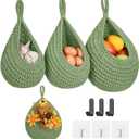 Boho Wall Hanging Fruit Baskets for Kitchen 3 Pack Woven Produce Holder with 6 Pcs Strong Hooks Vegetable Hanging Basket for Organizing Teardrop Home Wall Potato Onion Storage, Green