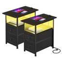 LUMTOK End Table with LED Light Set of 2,2 Fabric Drawers End Table with Charging Station, Narrow Nightstand with Storage Shelf for Small Space,Living Room, Bedroom, Bedside 