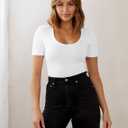 SANDERY Summer Women's Scoop Neck Short Sleeve Shirts Ribbed Slim Fitted Casual Basic Top Blouses (S)