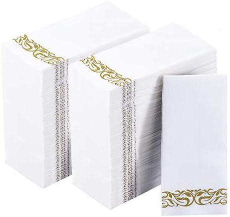 200 Disposable Hand Towels Soft and Absorbent Linen Feel Dinner Napkin Durable Decorative Bathroom Hand Napkins Good for Kitchen, Parties, Weddings, Dinners or Events White and Gold