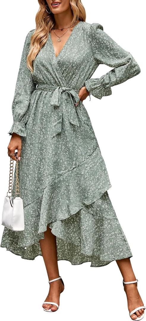 BTFBM Women Long Sleeve Dresses Spring Summer Clothes 2025 V Neck Floral High Waist Ruffle Boho Wedding Guest Dress (Small)