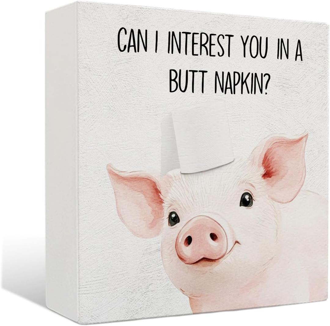 Funny Pig Bathroom Decor - Hello Sweet Cheeks Bathroom Decor, Rustic Pig Gifts Wood Signs, 5 X 5 Inches