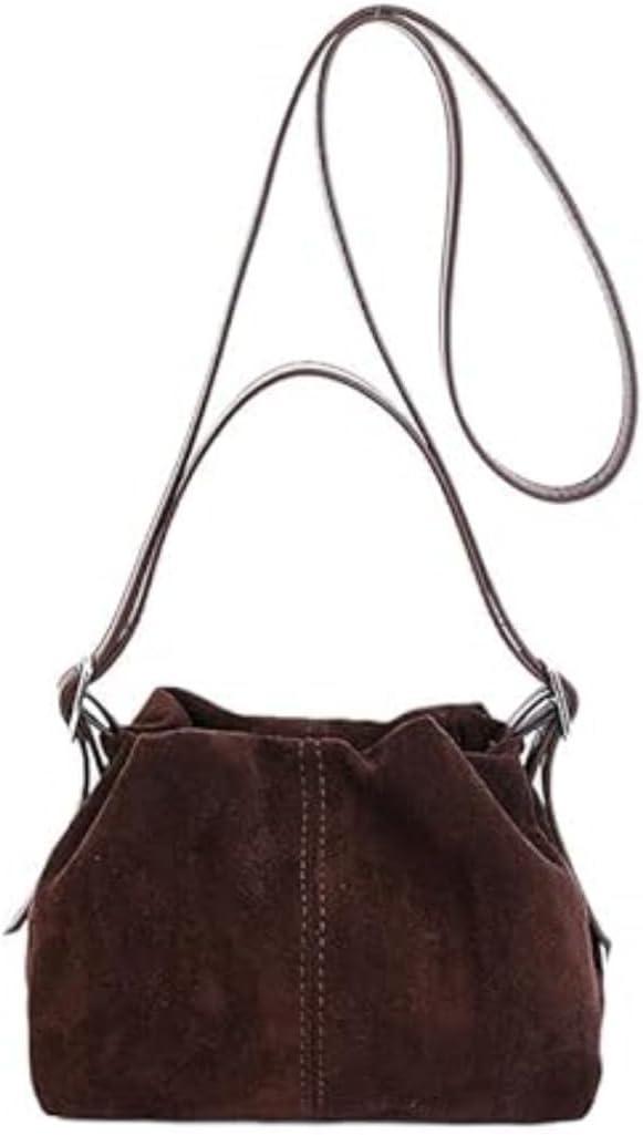 Women Vintage Suede Handbags Tote Handbag Drawstring Bucket Bag Slouchy Crossbody Shoulder Bag Satchel Everyday Purse (Brown)