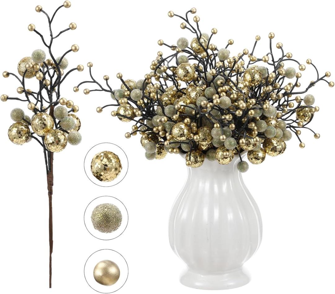 Syhood 12 Pack 11.8 Inch Valentines Glitter Holly Berries Stems Artificial Frosted Berries Picks for Christmas Tree Garland Wreaths Vase Fillers DIY Crafts Holiday Wedding Home Decor(Champagne)