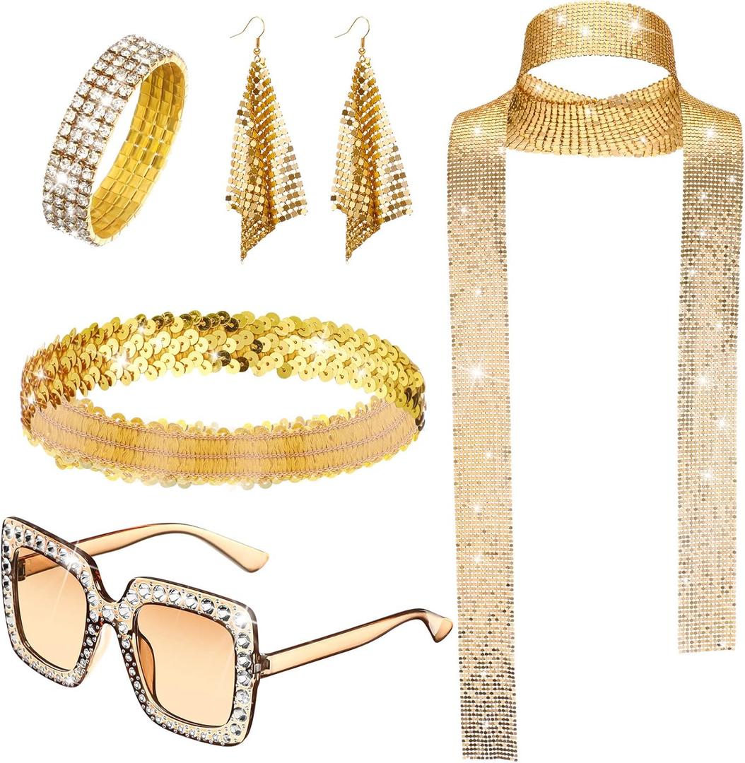 Sasylvia 5 Pcs 70s Disco Accessories Halloween Women Costume Jewelry Sequin Scarf Earrings Sunglasses Bracelet Headband (Gold)