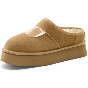 Vilanva Platform Slippers for Women Cozy Fur Lined Slip on Mary Jane Winter Shoes Warm Comfy House Slippers for Indoor Outdoor (8.5, Chestnut)