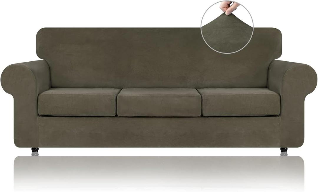 WEERRW 4 Pieces Velvet High Stretch Couch Covers for 3 Cushion Couch Sofa Slipcovers, Washable Furniture Protector with Non Slip Elastic Bottom, Feature Soft and Thick Plush Fabric, Light Brown, Large