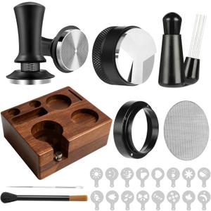 9 Pcs Espresso Accessories Kit, 58mm Espresso Tamper Tools, with Wooden Espresso Tamping Station, Distributor, Stirrer, Dosing Funnel,Puck Screen, Brush, Latte Art Pen and Decorative Stencils