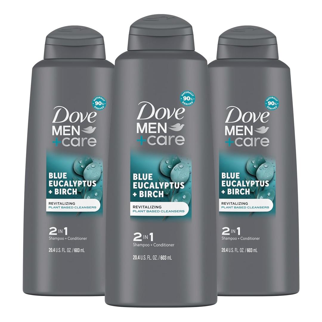 DOVE MEN + CARE 2 in 1 Shampoo Conditioner Eucalyptus + Birch 3 Count For Healthy-Looking Hair Naturally Derived Plant Based Cleansers 20.4 oz