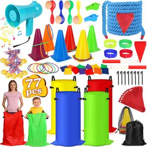 77 Pcs Potato Sack Race Bags, 8-in-1 Outdoor Carnival Games for Kids and Adults, Bean Bags Ring Toss, Tug of War Rope, Megaphone, Field Day Games for Lawn, Backyard, School, Birthday, Family, Beach