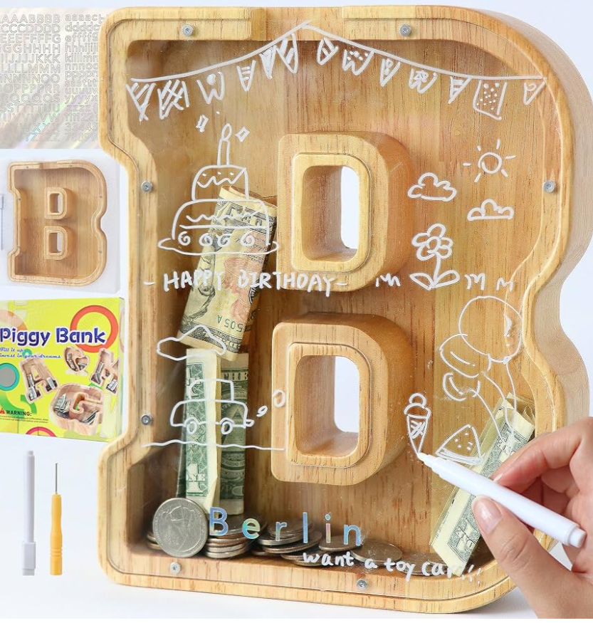 WeAllBuy Wooden Letter Piggy Bank AZ Personalized Kids Coin Bank with Stickers Marker Screwdriver (B)