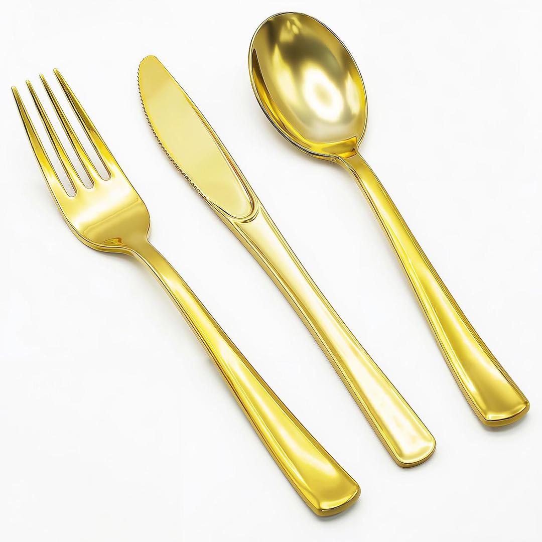 153 Pack Gold Plastic Silverware - Heavy Duty Gold Silverware Set - 51 Forks, 51 Knives, 51 Spoons Plastic Cutlery Disposable Utensils Set for Holiday Party Dinner Wedding Gathering