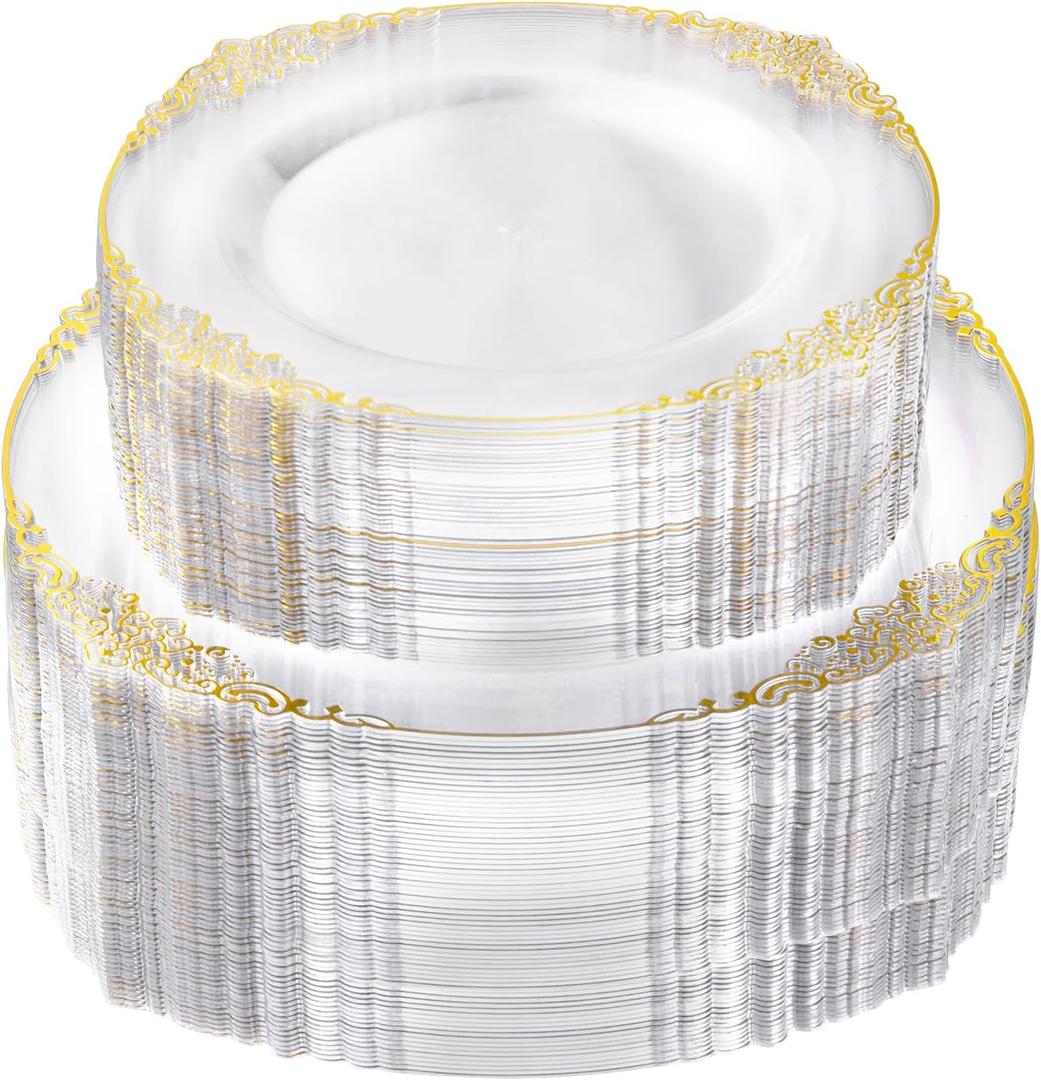 200 PCS Clear and Gold Plastic Plates for 100 Guests, Elegant Clear Disposable Plates with Gold Trim, Include 100 PCS Dinner Plates, 100 PCS Dessert Plates for Party, Birthday and Graduation