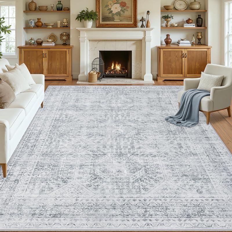 8x10 Area Rugs for Living Room: Vintage Boho Neutral Washable Rug Indoor Soft Large Area Rug Carpet for Bedroom Nursery Farmhouse Dining Room Office Floor Non-Slip Low Pile Under Table Rug Gray