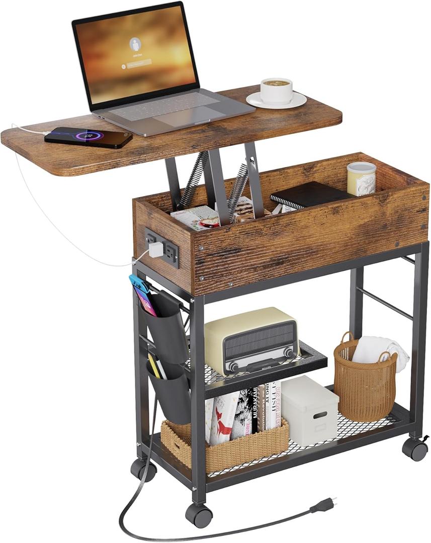 Colima Lift Top End Table with Charging Station and Wheels, Sofa Side Table with USB Port & AC Outlets, Movable Bedside Nightstand with Side Bag for Office Living Room Bedroom(Rustic Wood)