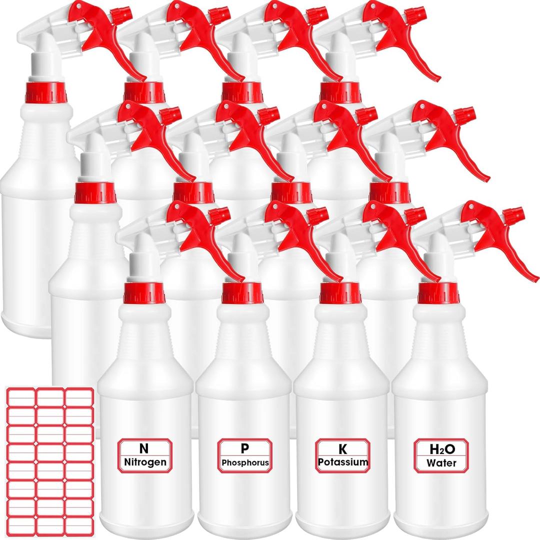 Gerrii 12 Pcs Plastic Spray Bottles with Adjustable Nozzle and Label for Cleaning 24 oz Anti Leak HDPE Spraying Bottles Empty Water Squirt Bottle (Red)